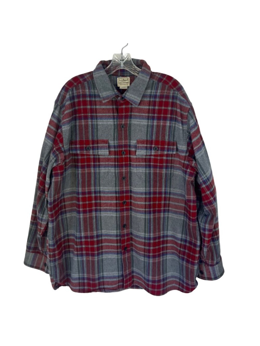 LL Bean Vintage Button Front Flannel Shirt Mens XL Red Gray Plaid